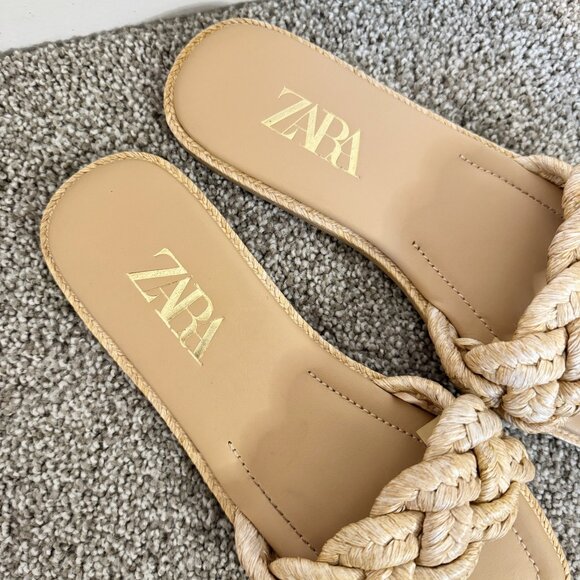 Zara Woven Raffia Slide Square Toe Flat Sandals Tan Boho Cottagecore Casual 39/9 - Picture 5 of 9